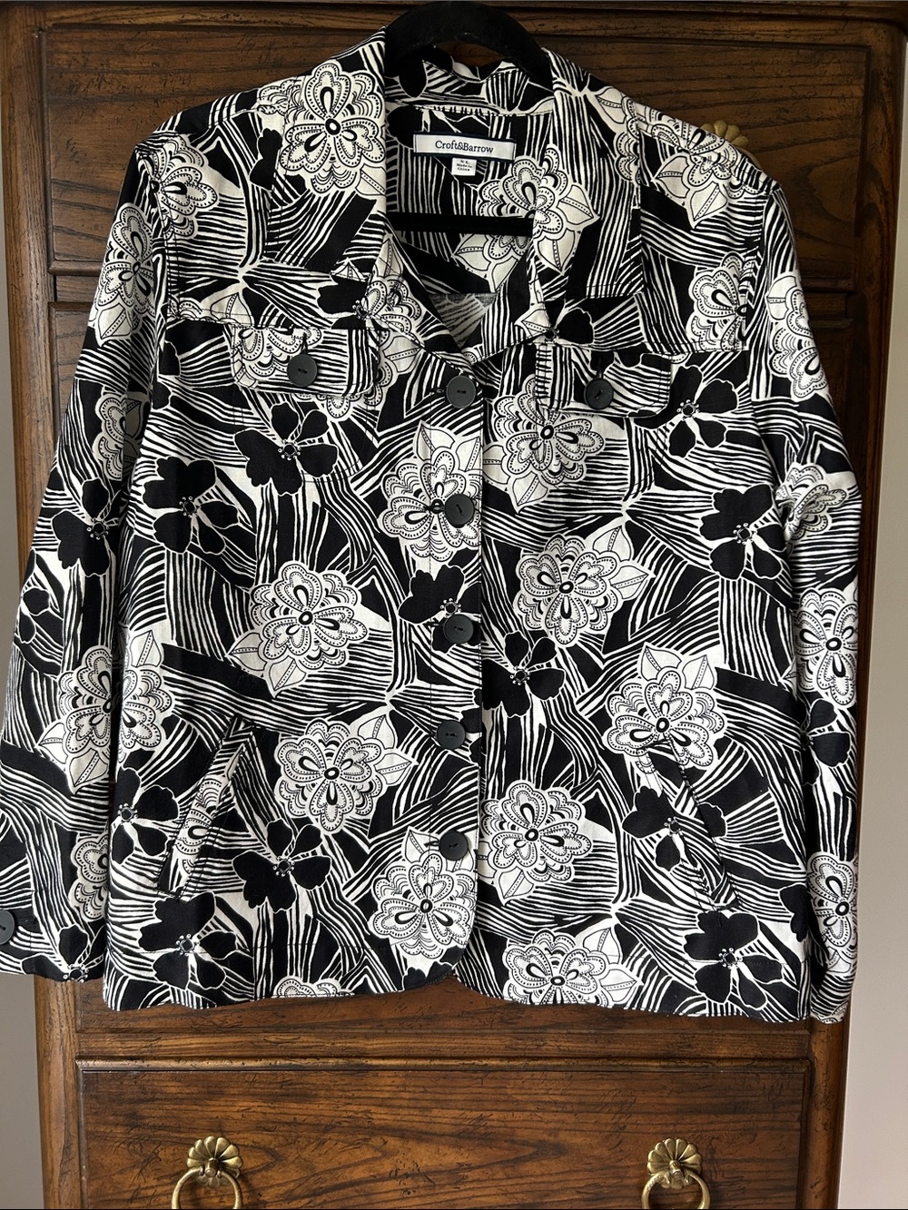Croft&Barrow Black and White Floral Linen/Cotton Blend Jacket, Size XL